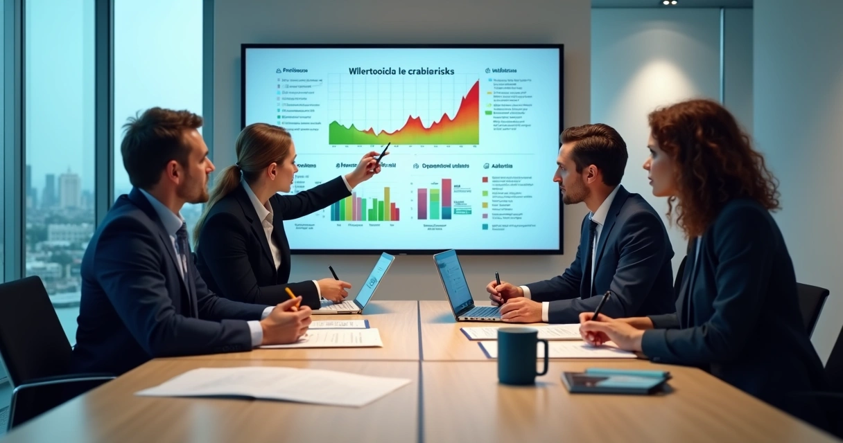 Equipe analisando painel de riscos psicossociais em ambiente corporativo