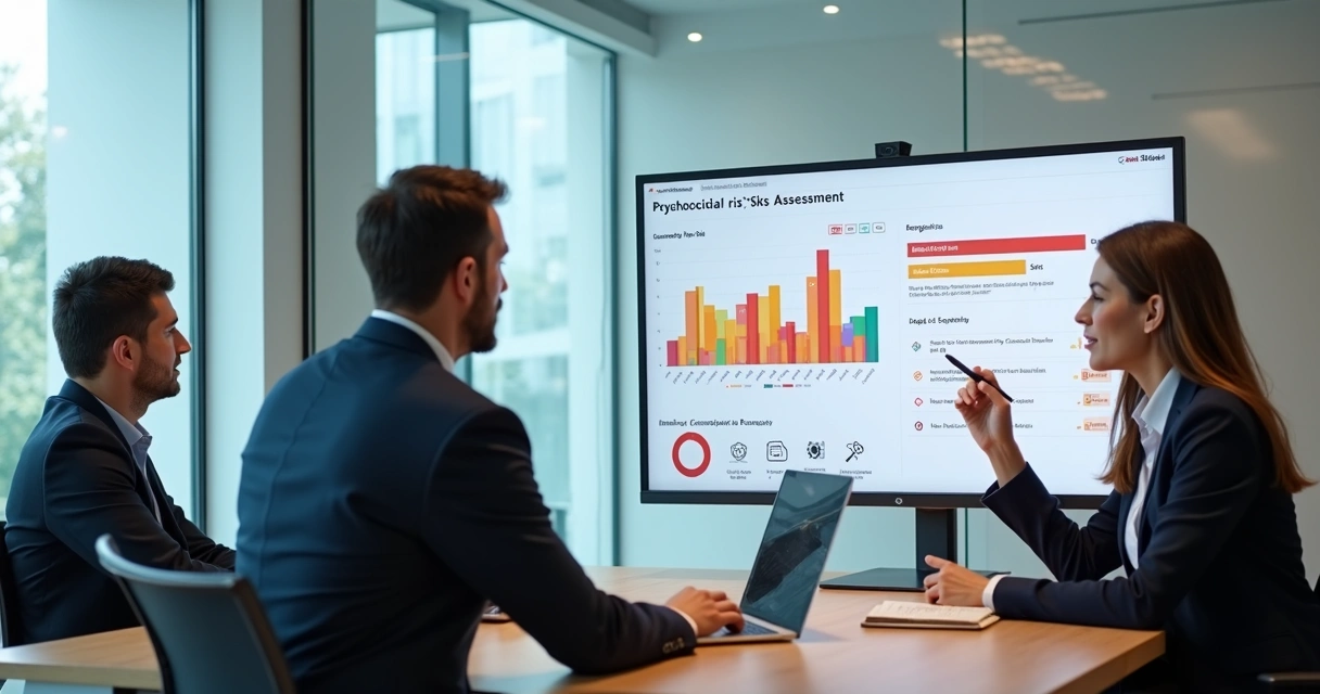 Gestor analisando painel digital com indicadores de riscos psicossociais