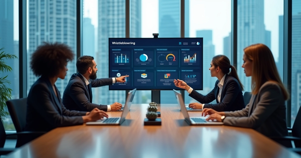 Equipe corporativa analisando painel de canal de denúncias em escritório moderno