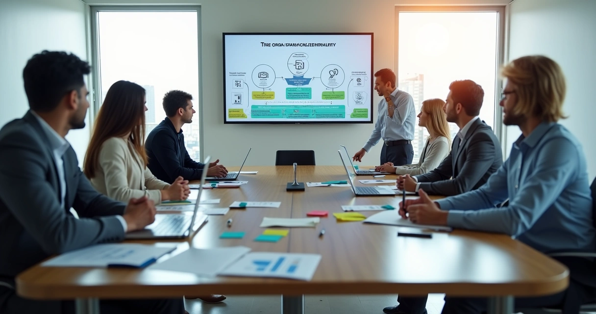 Equipe analisando dados organizacionais em reunião com painéis de métricas ao fundo