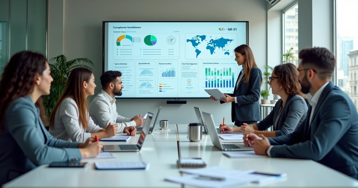 Equipe corporativa reunida em treinamento sobre mensuração da NR-01