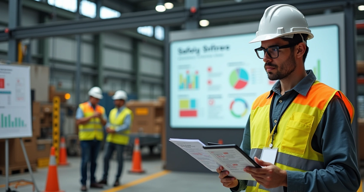 Fiscal de segurança analisando prancheta em área industrial durante medição NR-1