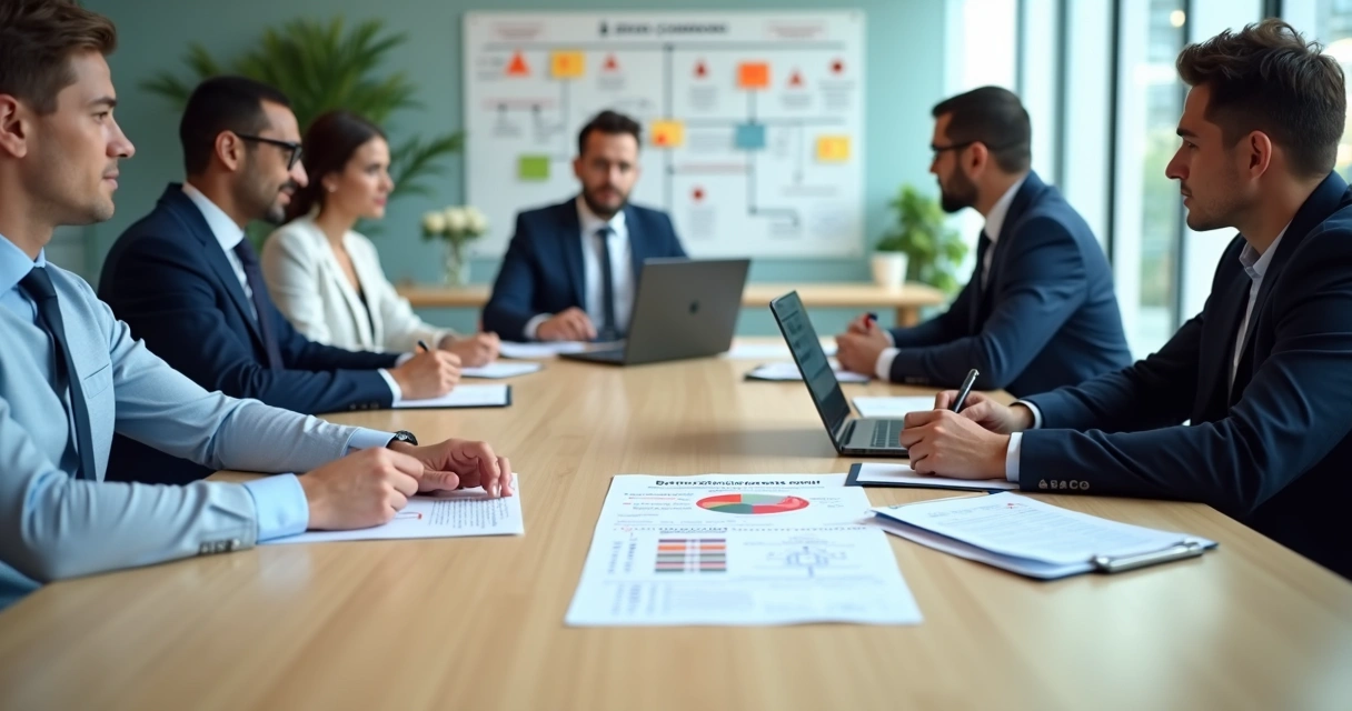 Reunião de integrantes da CIPA analisando documentos de segurança do trabalho em escritório moderno