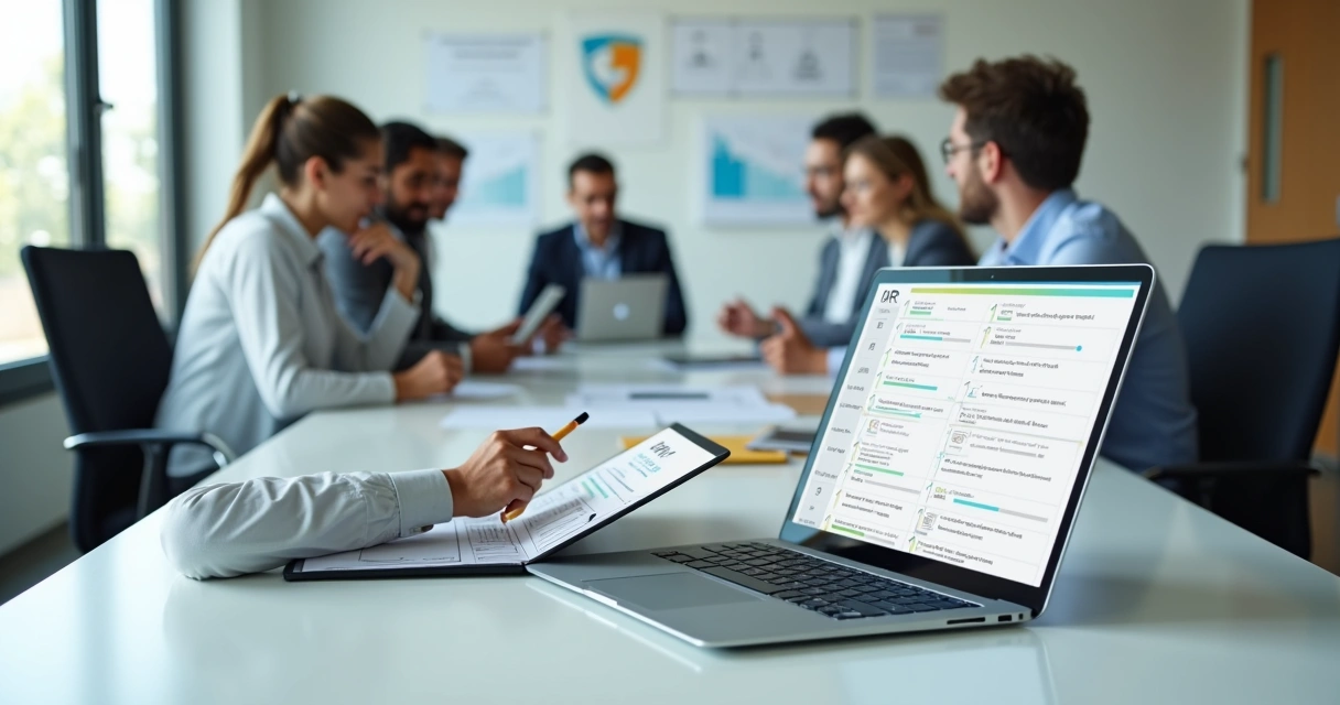 Gestor preenchendo checklist de conformidade NR-1 em tablet em ambiente corporativo