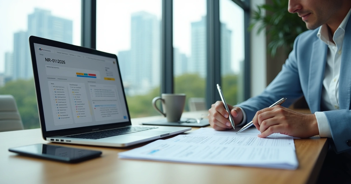 Profissional de RH analisando checklist de conformidade NR 1 em escritório moderno