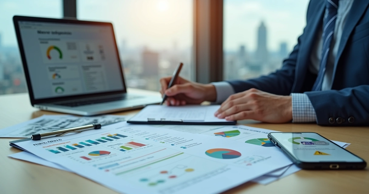 Gestor analisando documentos de segurança do trabalho com destaque para NR-01 e multas