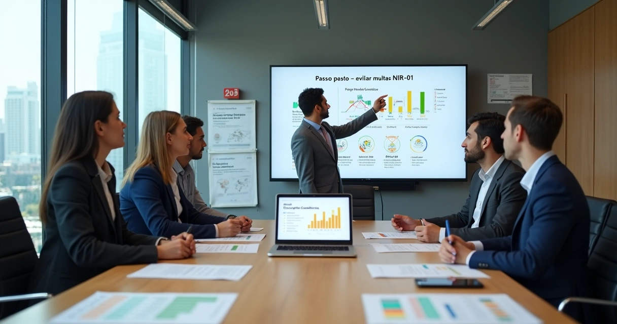 Equipe analisando riscos e conformidade NR-01 em ambiente corporativo
