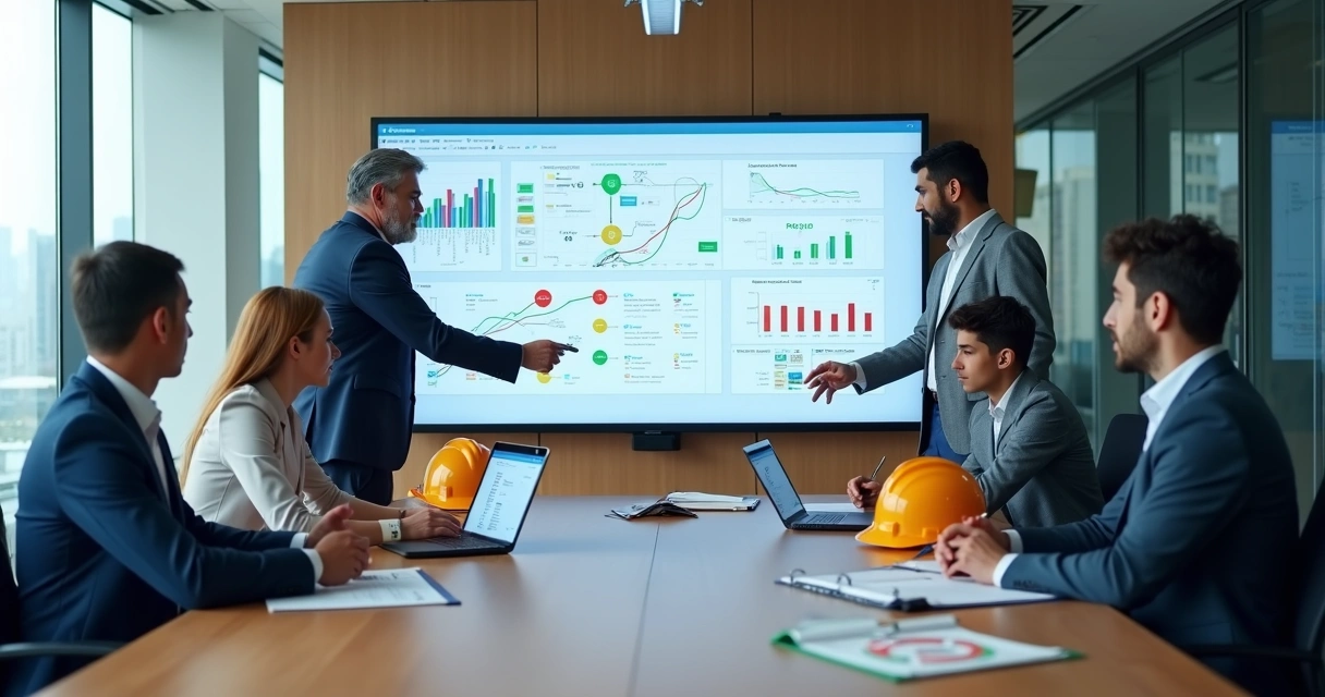 Equipe analisando painel digital com integração de programas de SST e NR 1