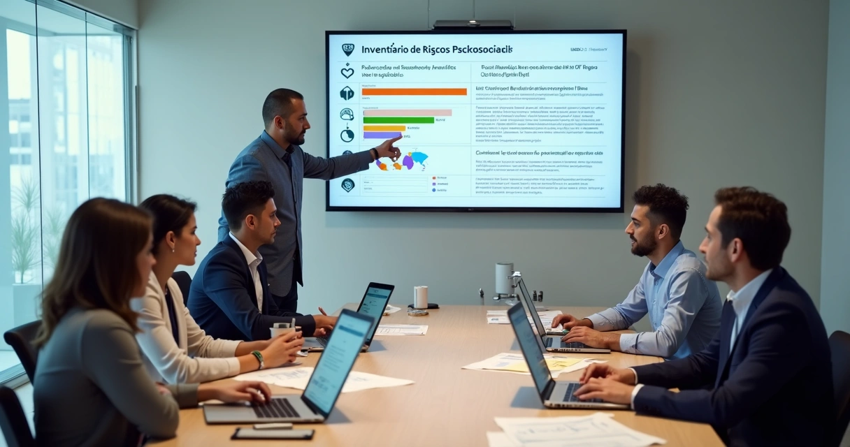 Equipe de recursos humanos analisando inventário de riscos psicossociais em escritório corporativo