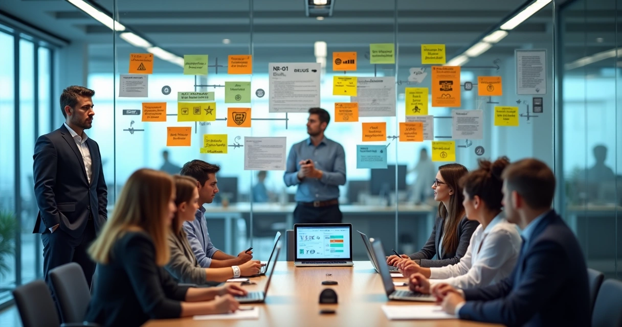 Gestor avaliando normas de segurança do trabalho em escritório moderno