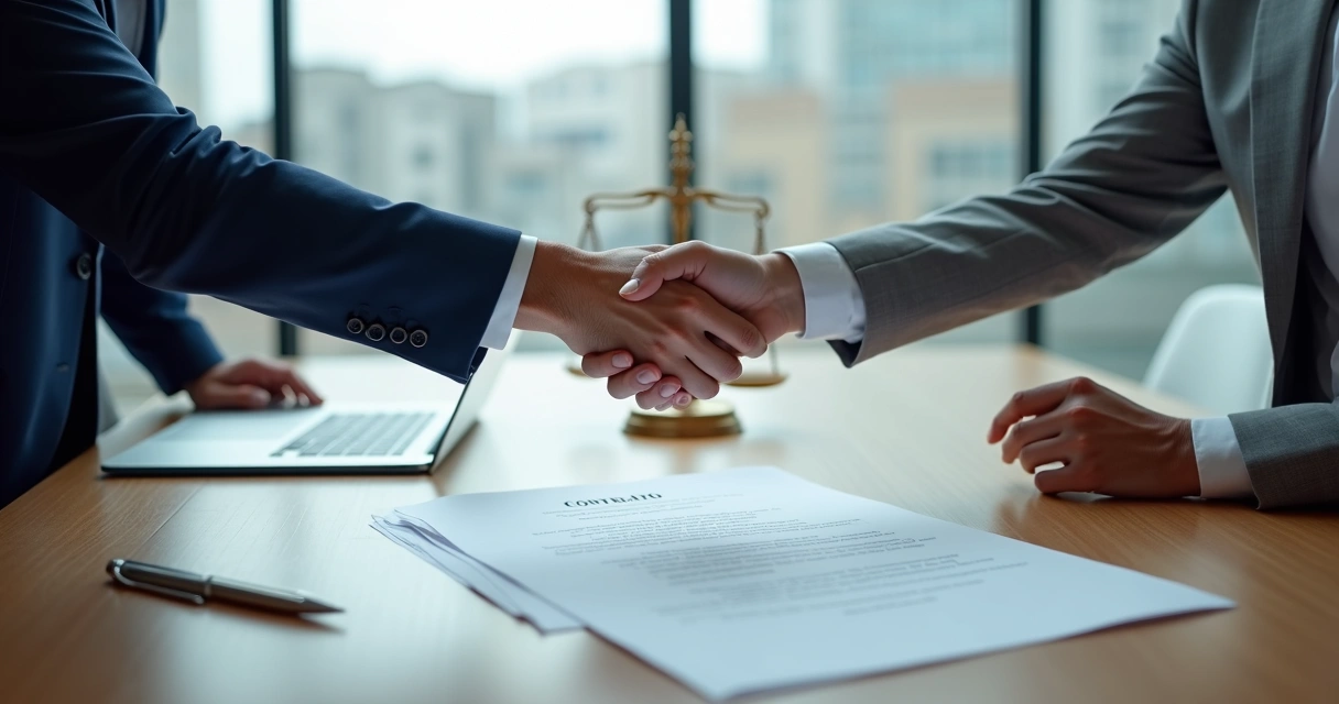 Representantes jurídicos apertam as mãos sobre contrato trabalhista assinado
