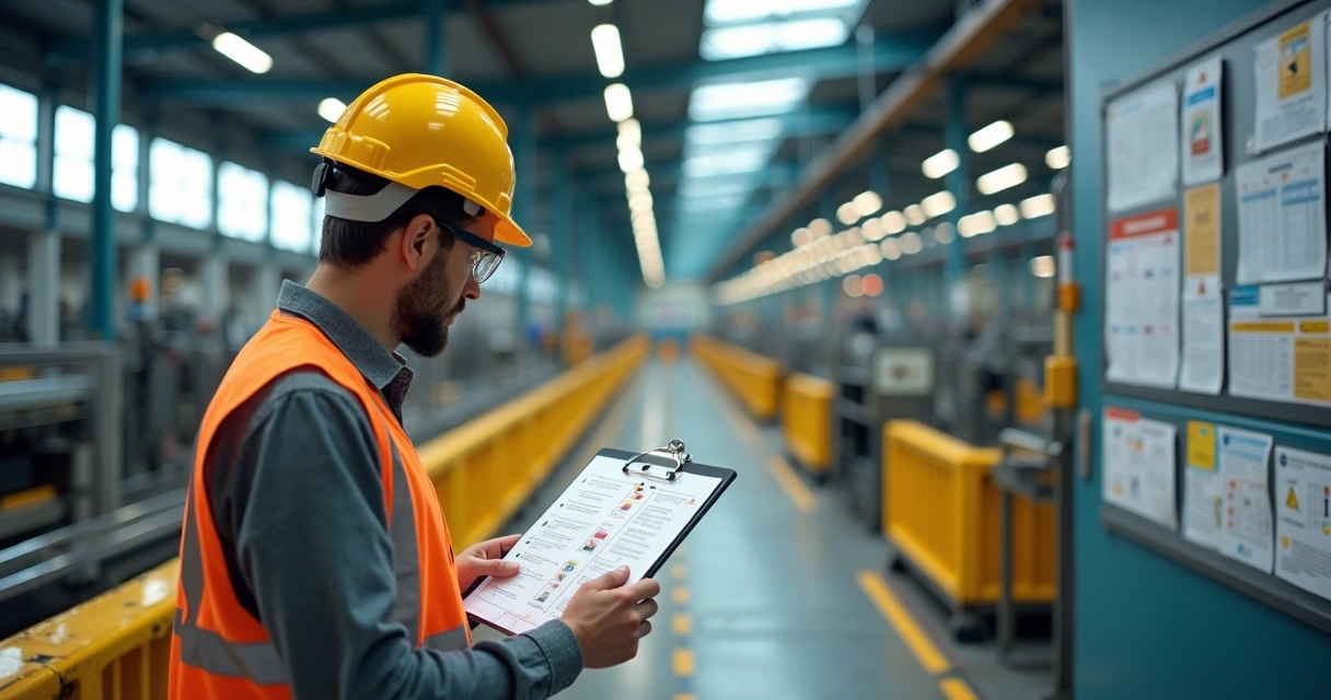 Auditor de segurança verificando checklist de riscos em área industrial
