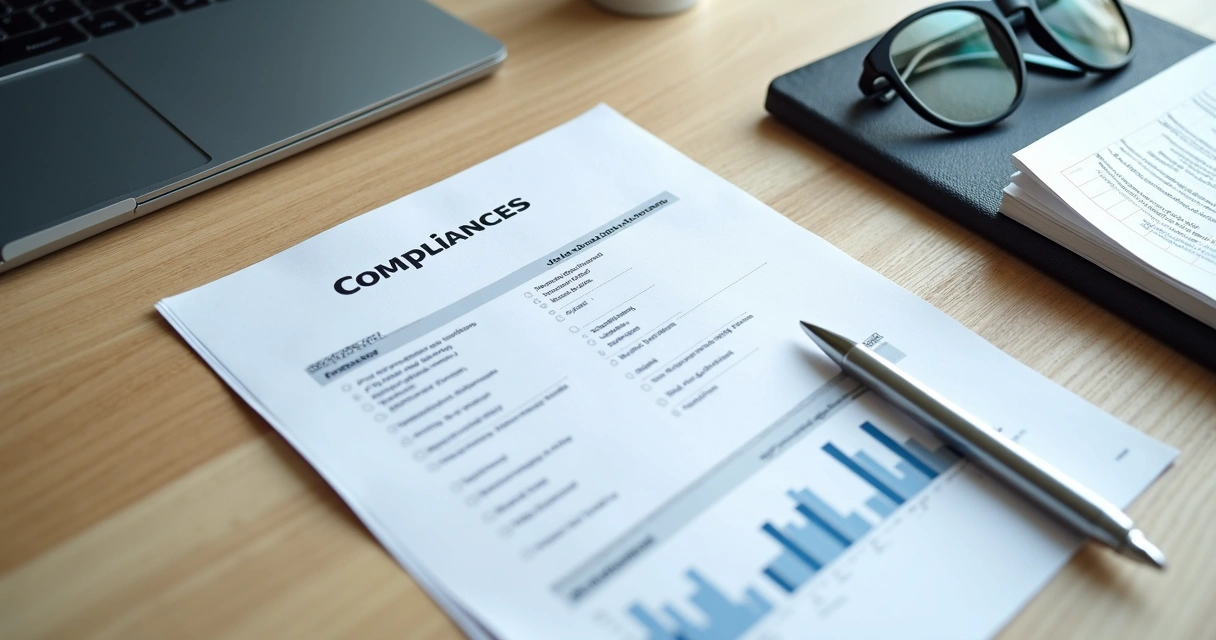 Checklist de compliance destacado em relatório corporativo sobre mesa organizada