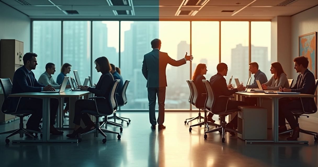 Metade da equipe isolada em sombras e metade colaborando em ambiente iluminado