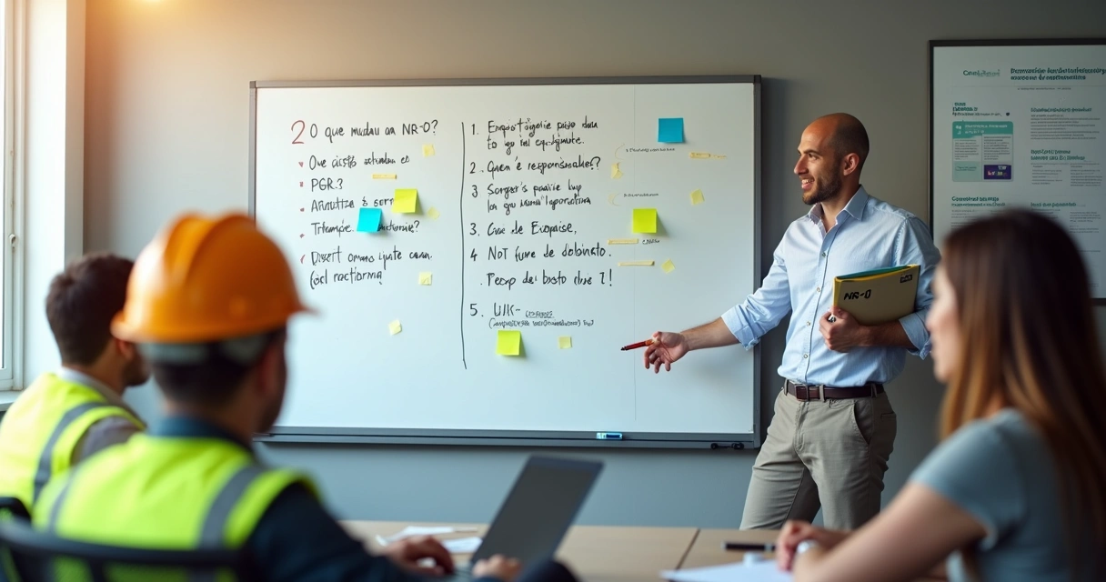 Quadro branco com perguntas sobre NR-01 e especialistas em segurança do trabalho explicando