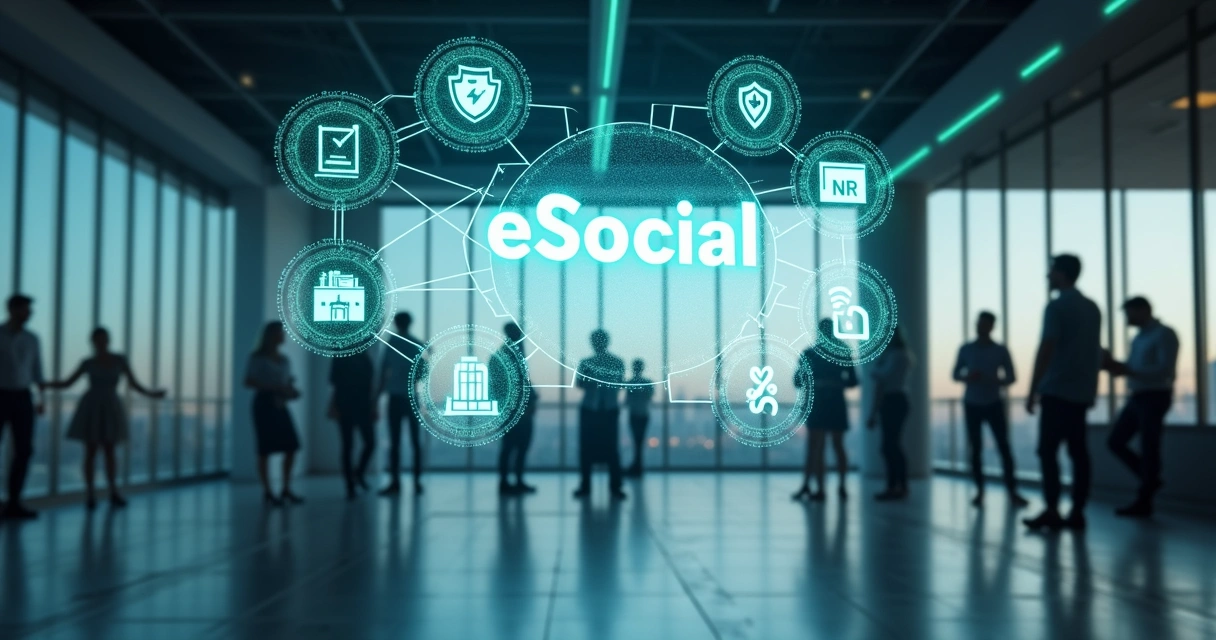 Interface de sistema conectando eSocial e NR-01 com ícones de segurança e trabalho