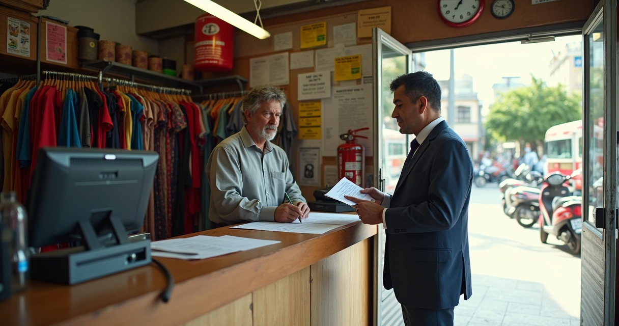 Fiscal vistoriando pequena loja enquanto proprietário assina auto de infração trabalhista