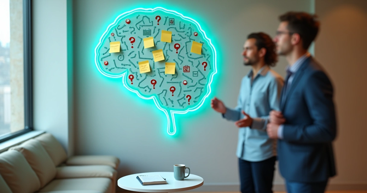 Mural colorido em formato de cérebro com ícones de dúvidas e apoio no ambiente de trabalho