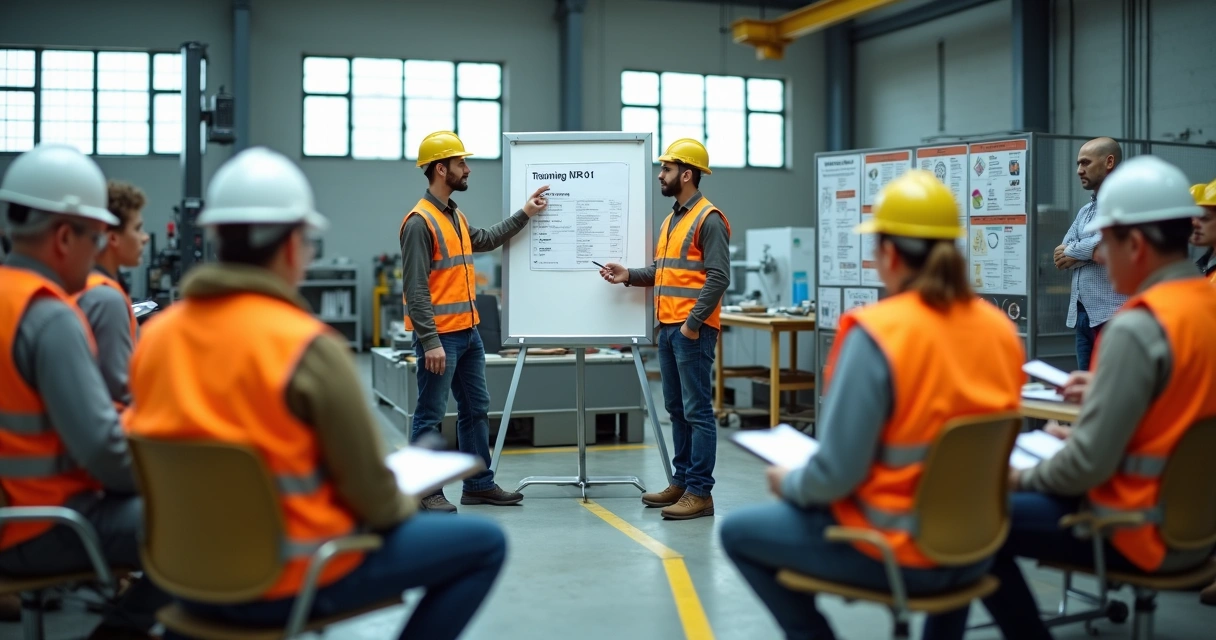 Instrutor demonstrando EPI em treinamento prático de segurança no trabalho