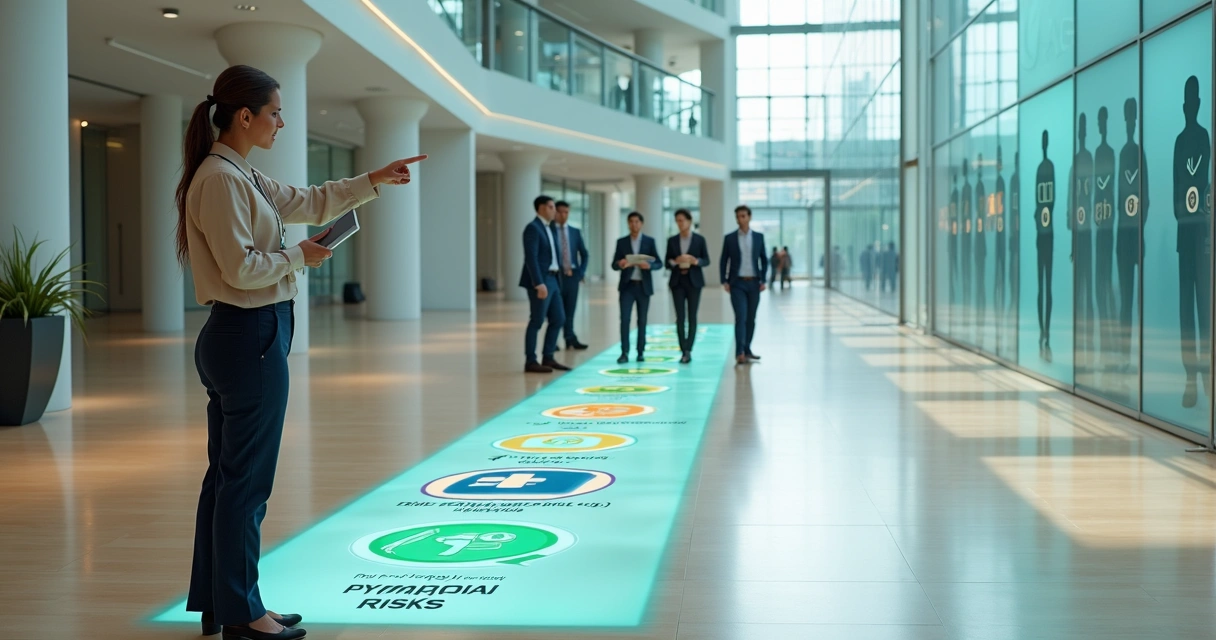 Corredor de sinalização de treinamento obrigatório com funcionária de RH guiando colaboradores
