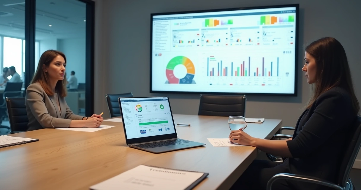 Gestora observa painel digital com indicadores de riscos psicossociais no escritório