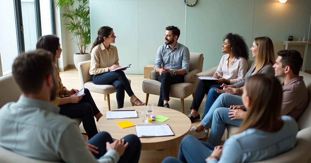 Líder conversa com equipe em roda em sala clara e acolhedora