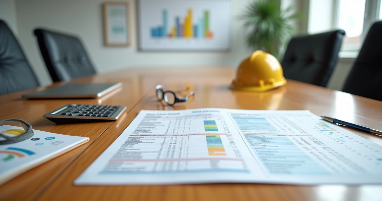 Mesa de diretoria com orçamento impresso destacado ao lado de ícones de segurança do trabalho