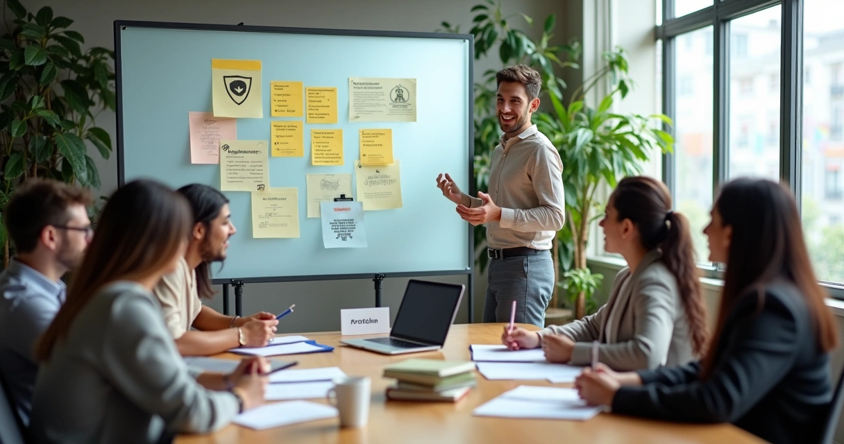 Equipe descontraída participa de sessão sobre bem-estar e políticas internas em sala de reunião ampla