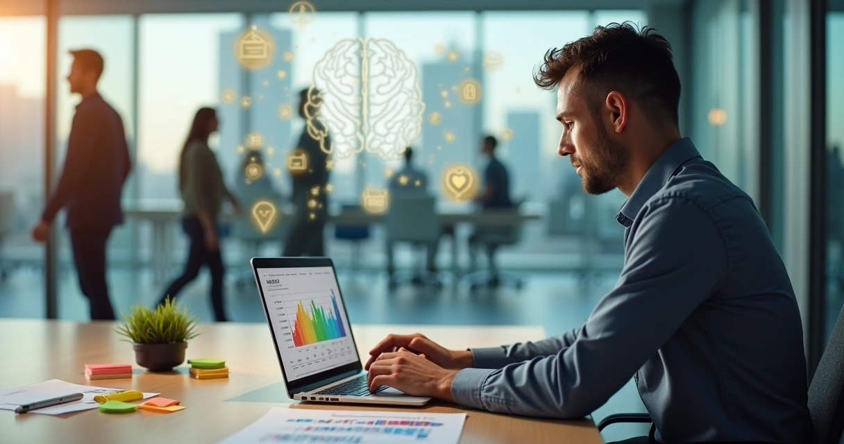 Profissional de RH analisa mapa de calor de riscos psicossociais na sala de reuniões