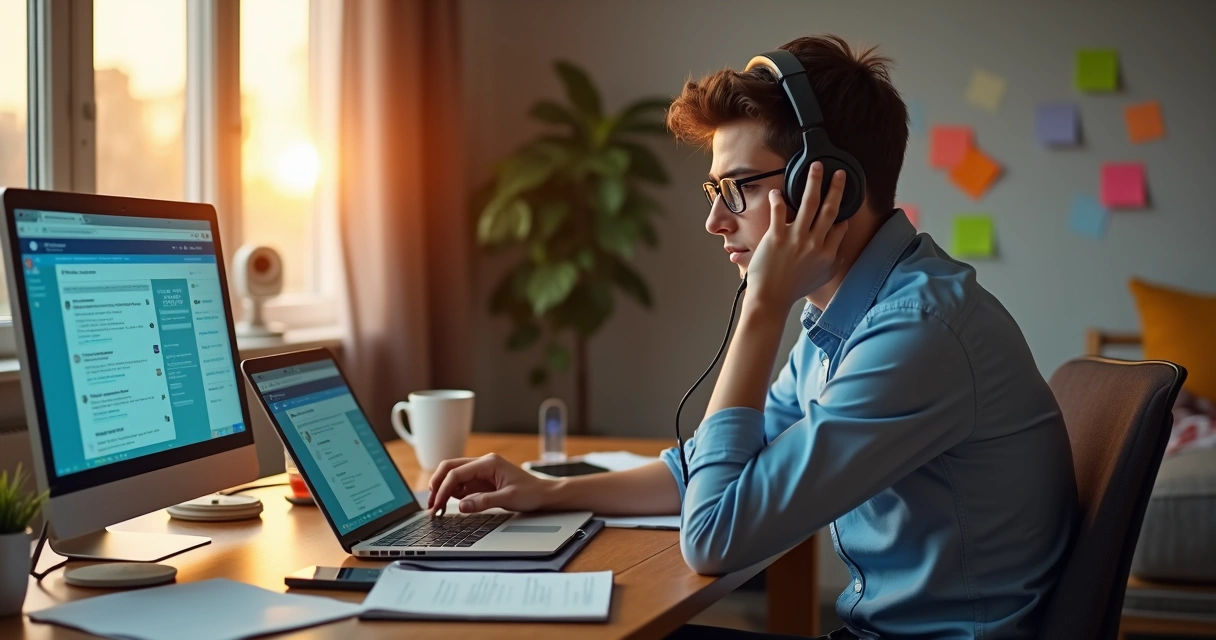 Profissional em home office cercado por ícones que representam fatores de estresse e bem-estar no teletrabalho