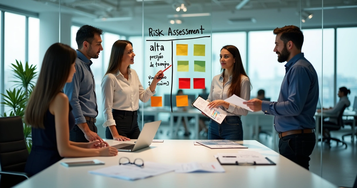 Equipe de trabalho observa mural com matriz de riscos psicossociais em escritório moderno