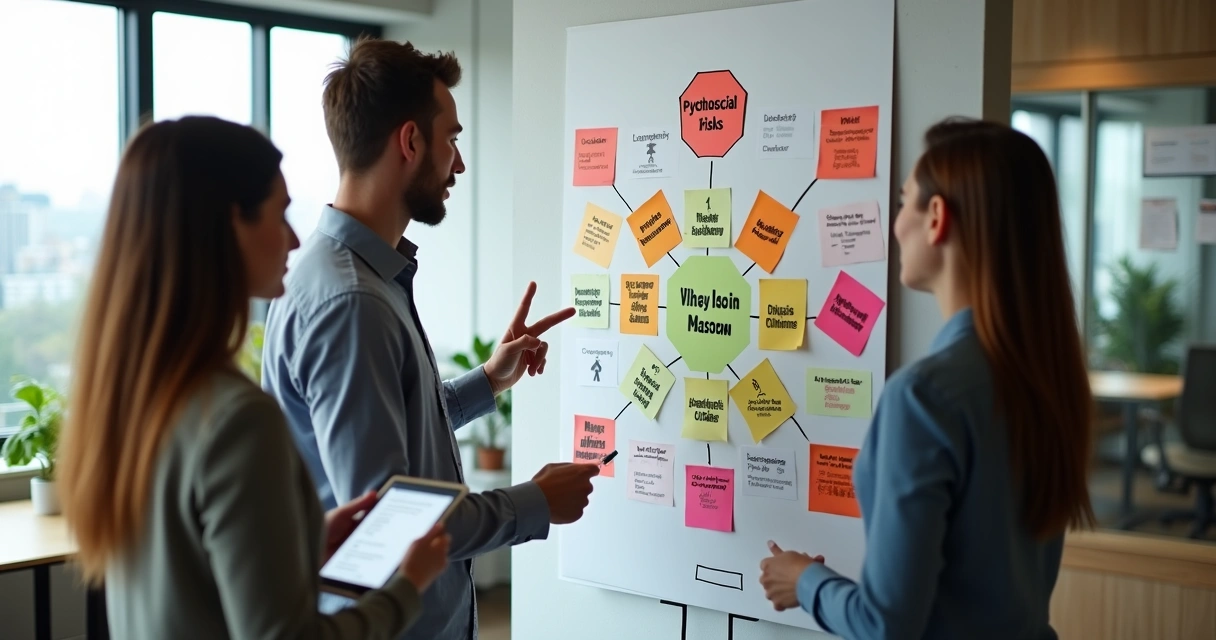 Profissionais analisam mural colorido com matriz de riscos psicossociais em escritório moderno