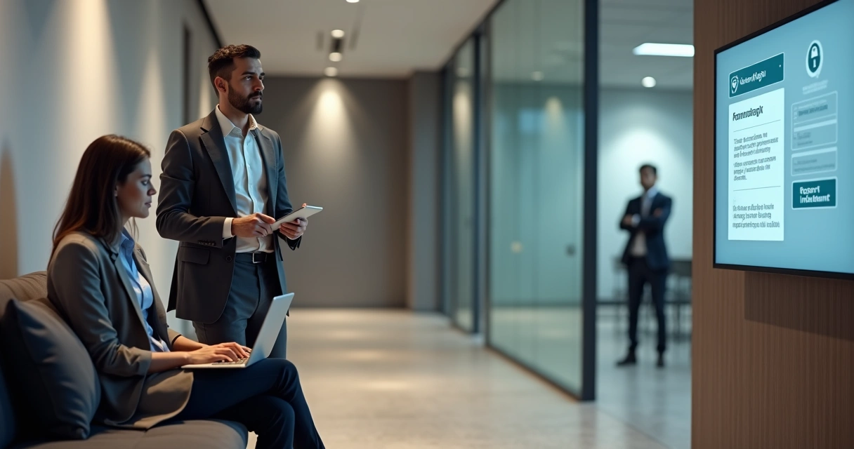Gestora ampara colaboradora em ambiente de trabalho enquanto gestor ao fundo é observado em painel de denúncias confidenciais