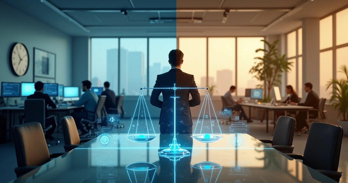 Conceito visual de equilíbrio entre riscos psicossociais e bem-estar no escritório