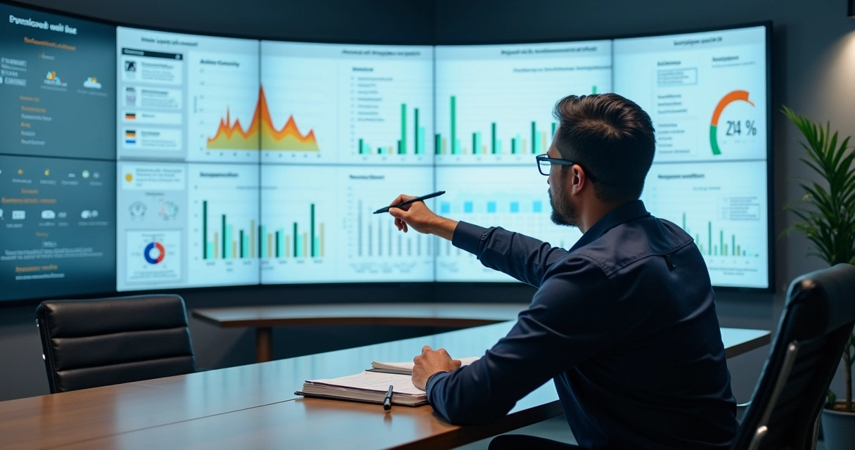 Profissional analisa painel digital com indicadores de riscos psicossociais