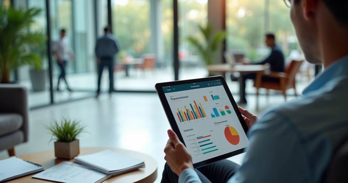 Profissional analisa gráficos de riscos psicossociais em tablet em ambiente de trabalho