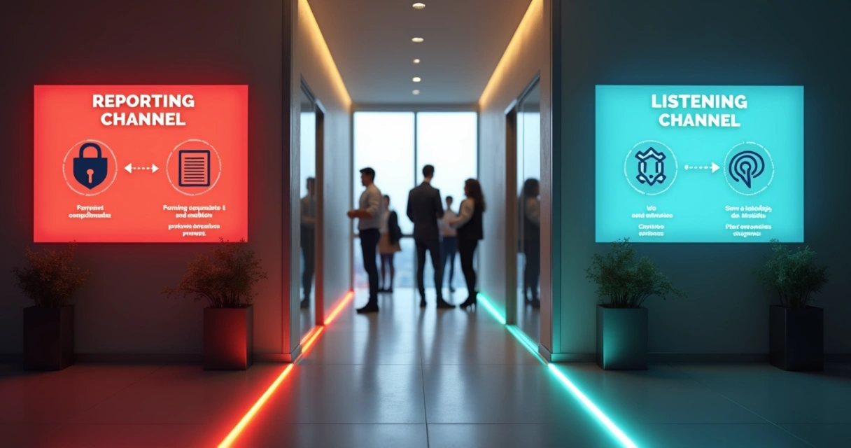 Placas opostas representando canal de denúncias e canal de escuta em corredor corporativo moderno