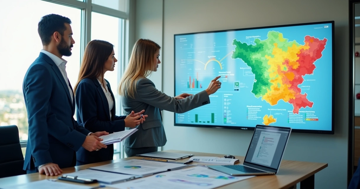 Consultores de SST analisam mapa de calor de riscos psicossociais em ambiente corporativo brasileiro