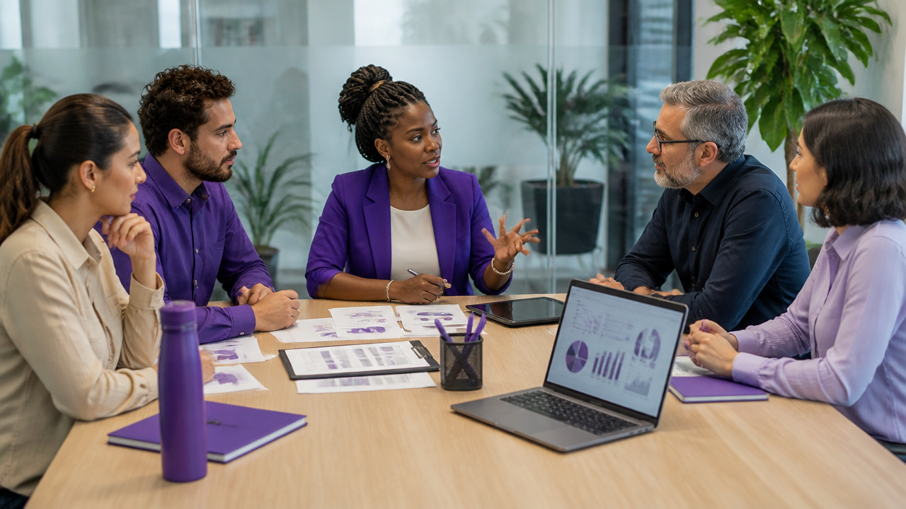 Equipe corporativa analisando indicadores e medidas de prevenção de riscos psicossociais no trabalho em uma reunião de SST.