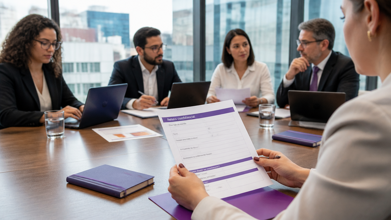Equipe corporativa revisando políticas e fluxo seguro de canal de denúncias em escritório.